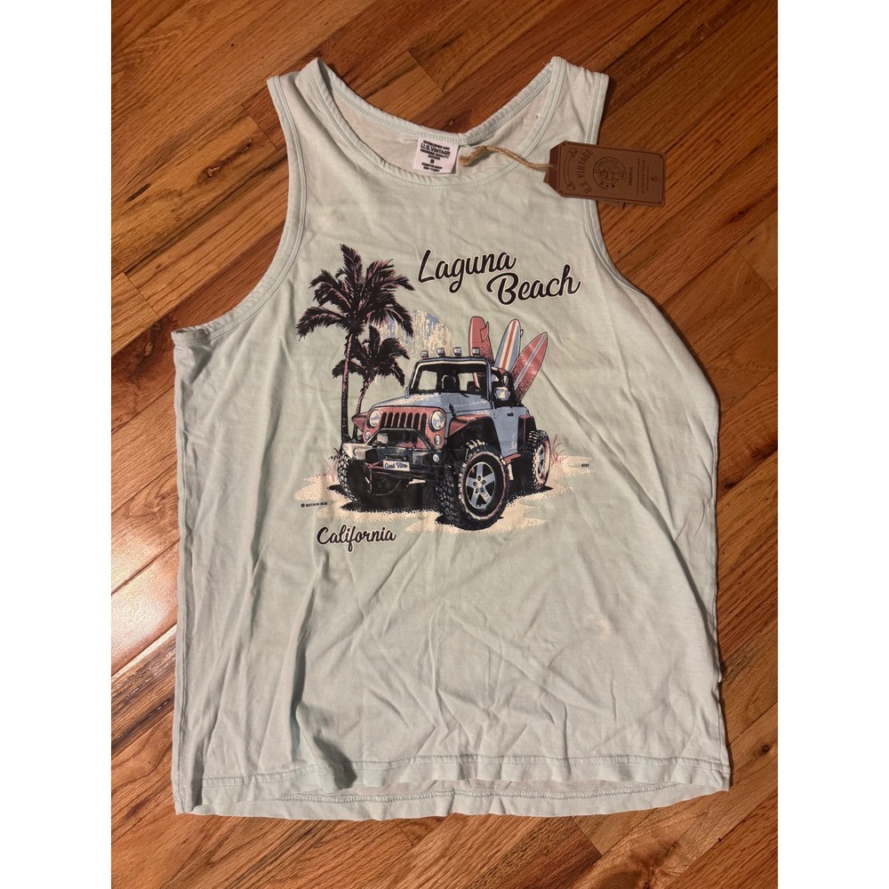 US Vintage Laguna Beach California Graphic Tank Top Pool Day Blue Small